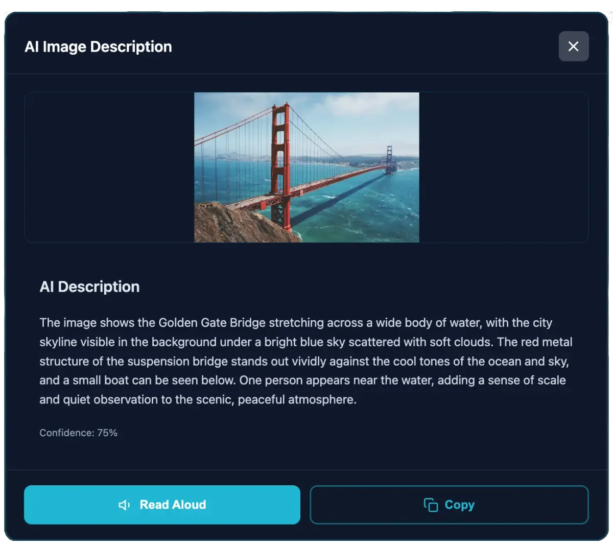 AI Image Description interface showing the Golden Gate Bridge with detailed accessibility description and Read Aloud functionality