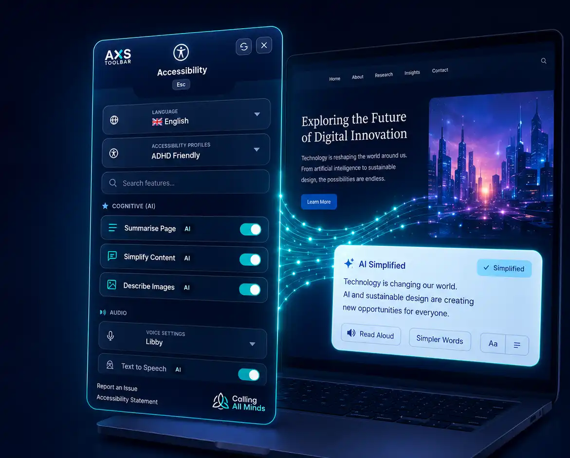 AXS Toolbar cognitive AI support interface shown alongside a website with simplified content support.