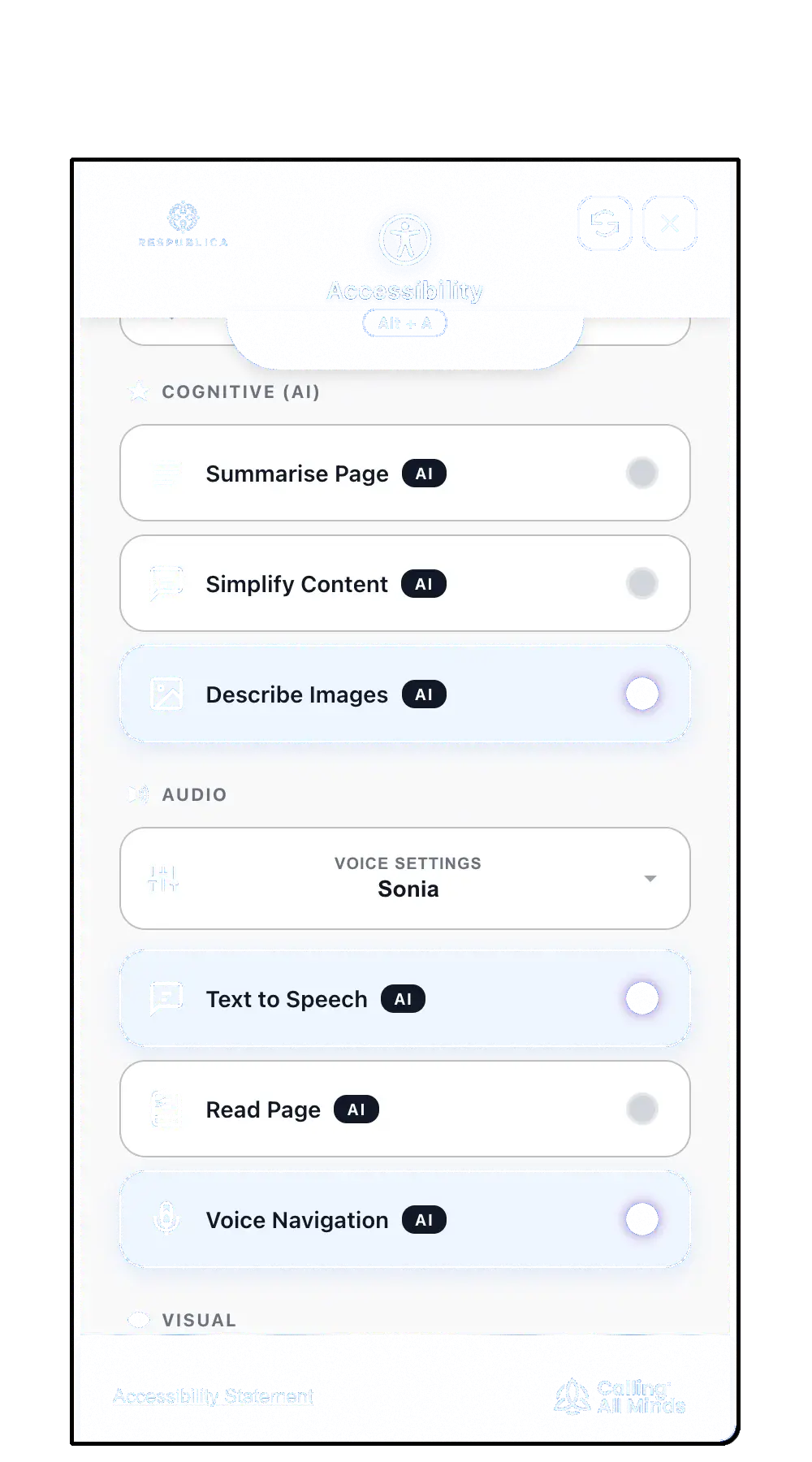 AXS Toolbar interface cutout showing the accessibility widget controls