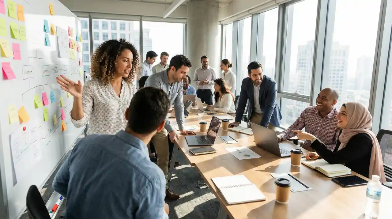 Dynamic workshop session with diverse professionals collaborating at a whiteboard
